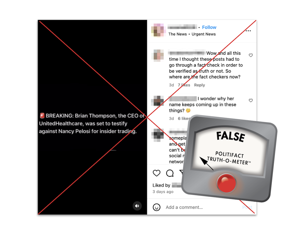 Claim about UnitedHealthcare CEO testifying against Pelosi, with False graphic, 12-10-2024