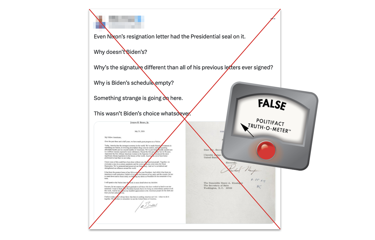 Claim about lack of presidential seal on Biden letter, with False graphic, 7-23-2024