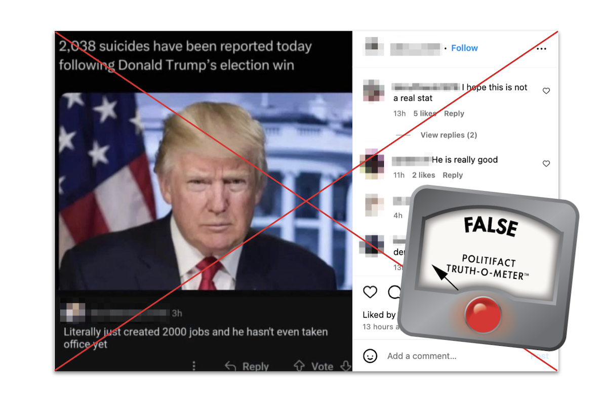 Claim about suicides after Trump's win, with False graphic, 11-08-2024
