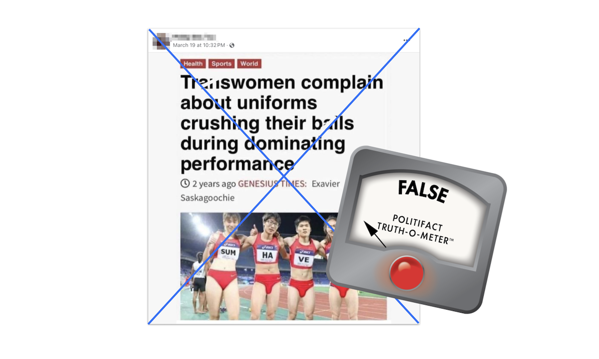 Claim about trans athletes complaining about uniforms, with False logo, 3-28-2024
