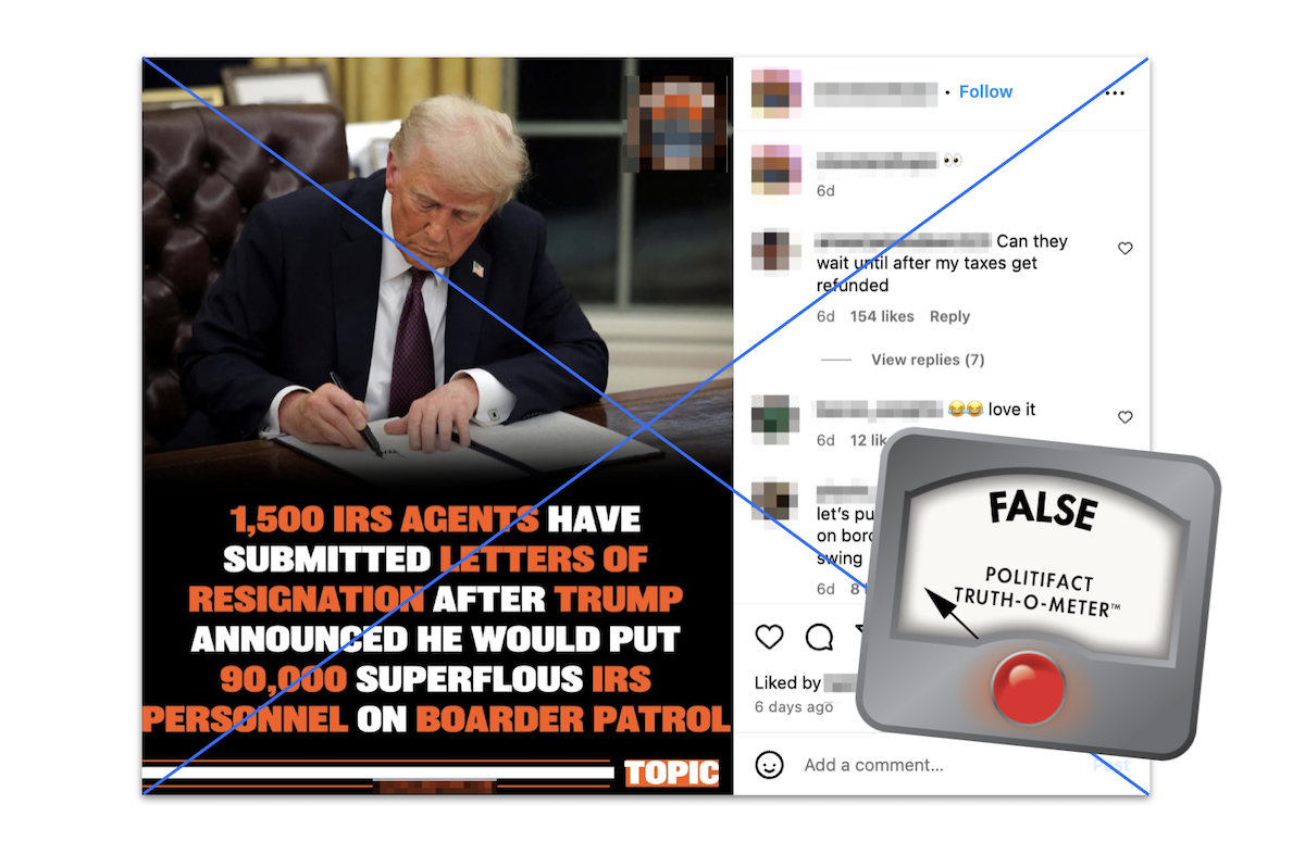 Claim that 1,500 IRS agents resigned, with False graphic, 02-03-2025