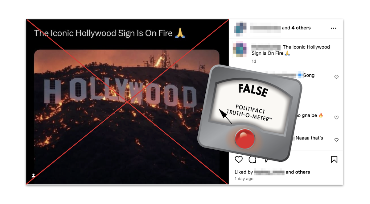 Claim that Hollywood sign is on fire, with False graphic, 01-10-2025