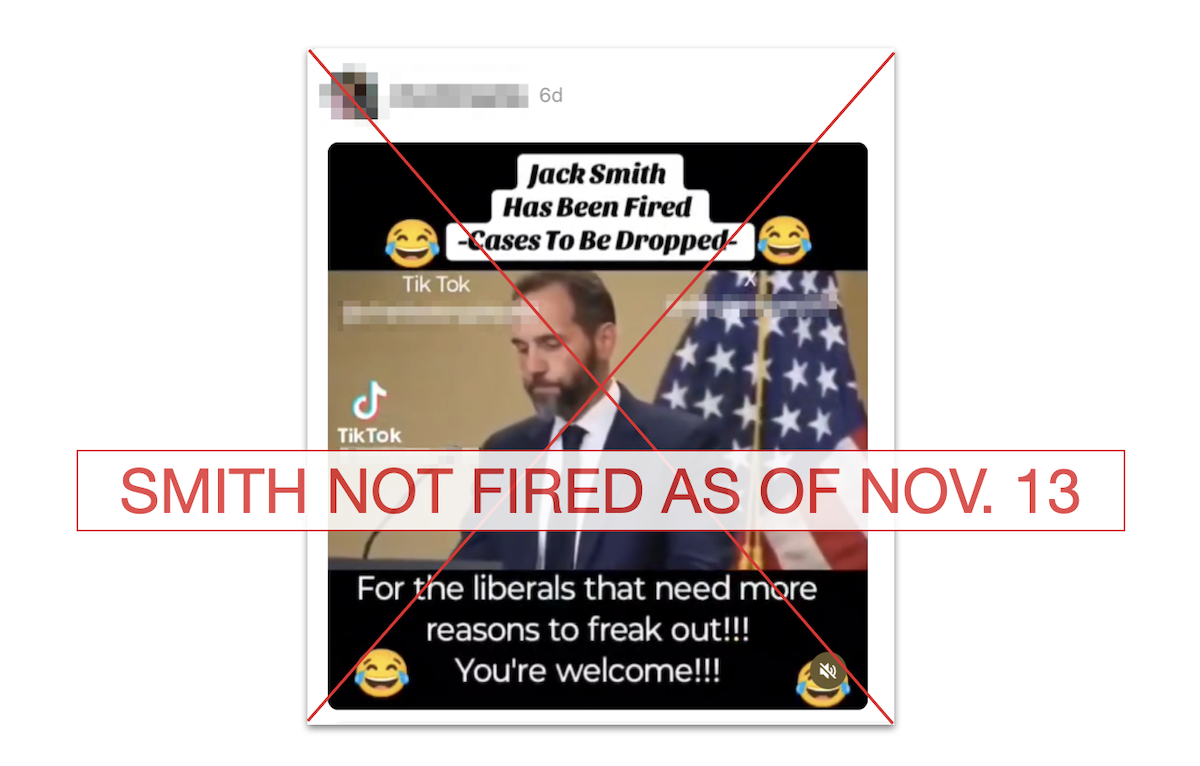 Claim that Jack Smith has been fired, with text, 11-13-2024