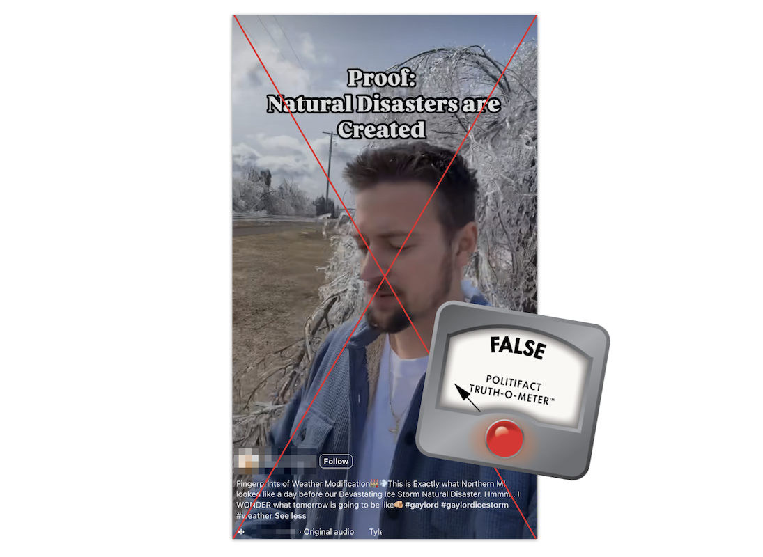 Claim that Michigan sky shows weather modification, with False graphic, 04-04-2025