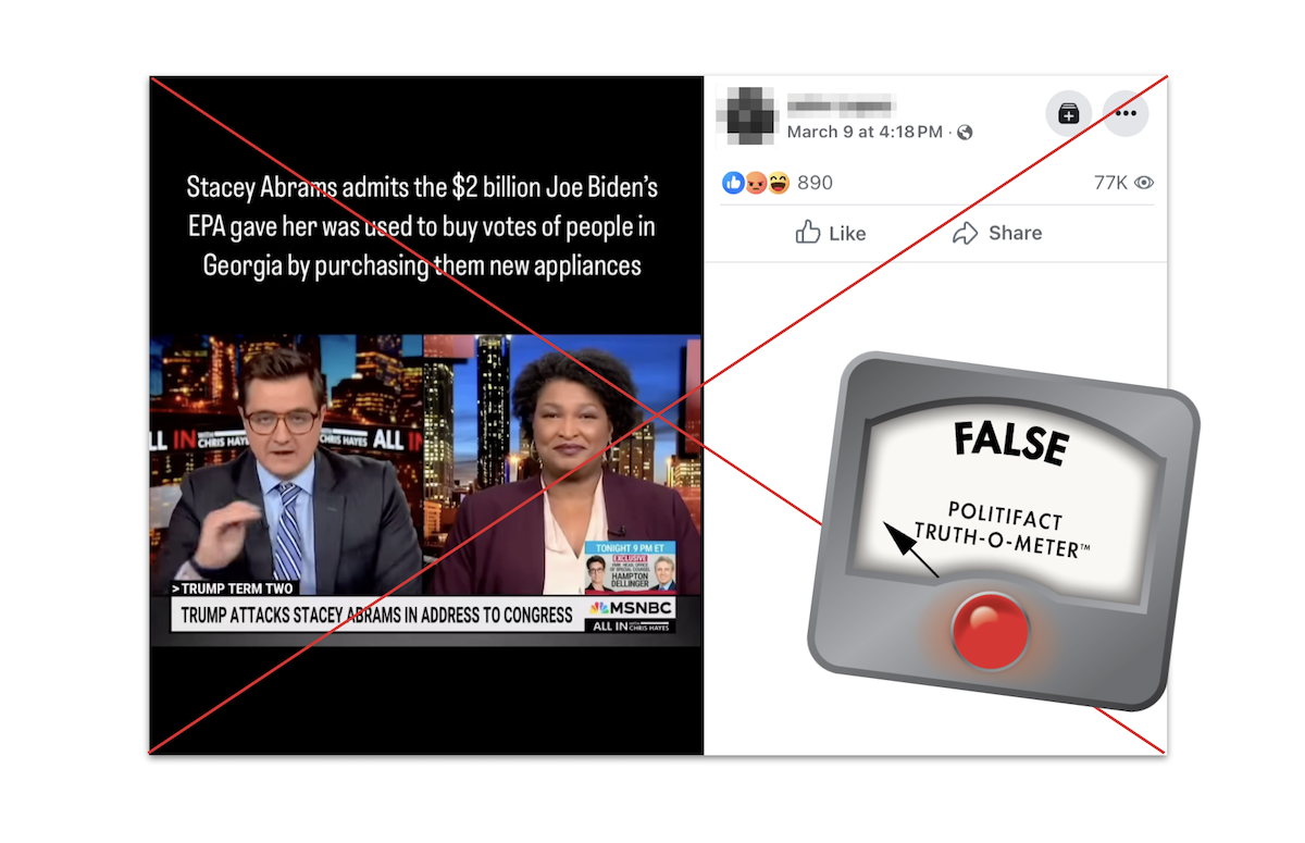 Claim that Stacey Abrams admitted to vote buying, with False graphic, 03-14-2025