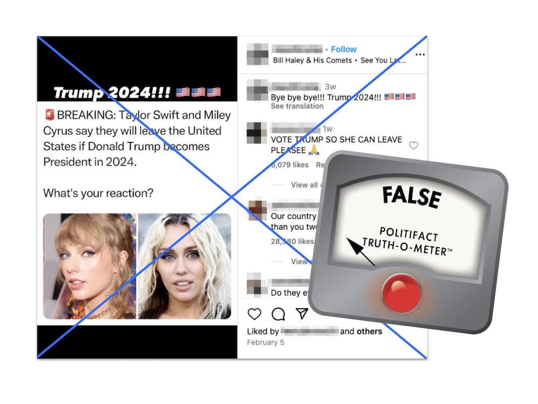 Claim that Taylor Swift said she'd leave U.S. if Trump won, with false graphic, 2-28-24