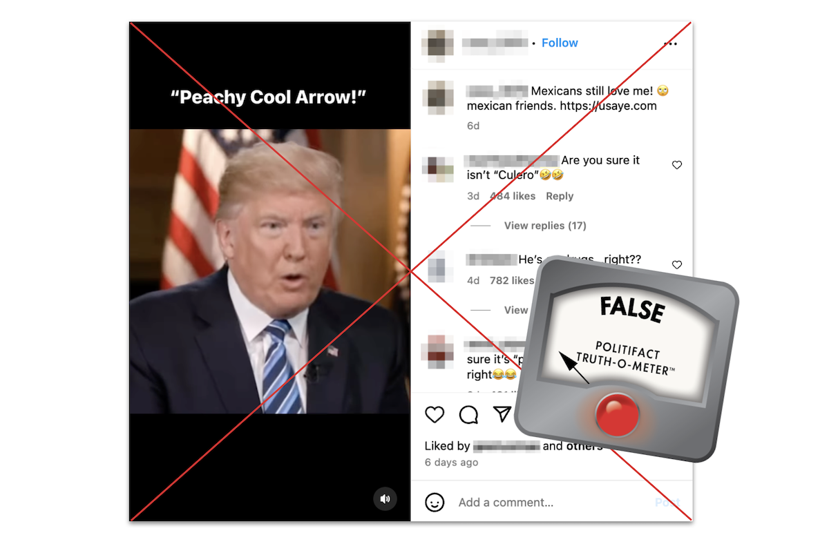 Claim that Trump said peachy cool arrow, with False graphic, 02-06-2025