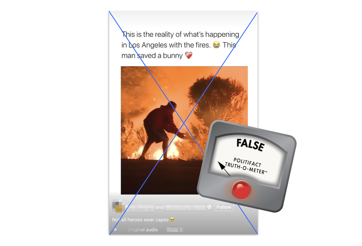 Claim that a man saved a bunny during Los Angeles wildfires, with False graphic, 01-10-2025