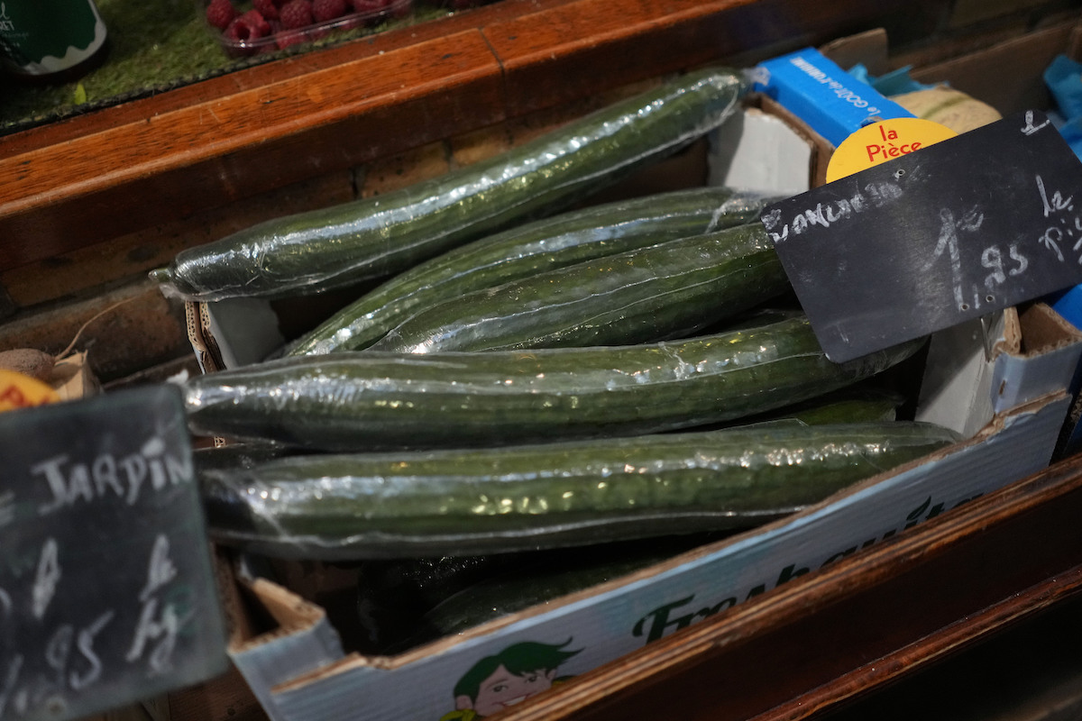 Cucumbers in grocery bin in Paris, 12-31-2021