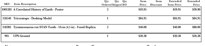 Invoice showing John Culberson's purchases of fossil recplicas