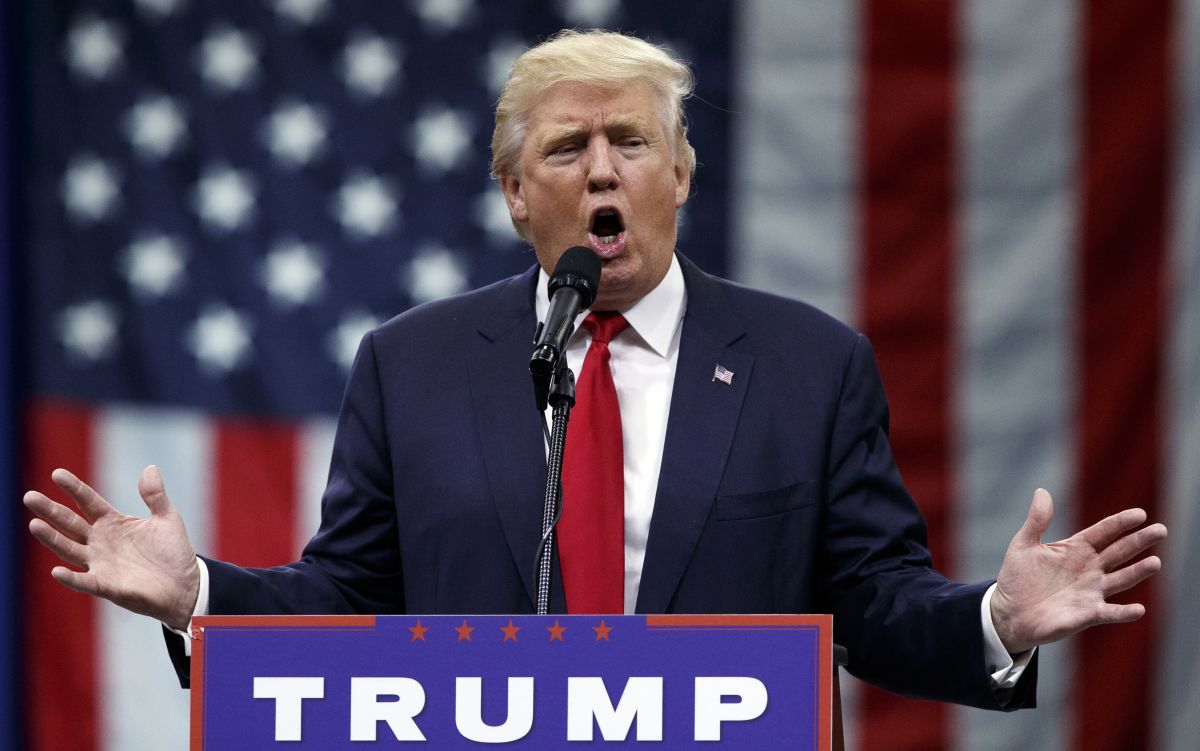 Donald Trump behind podium