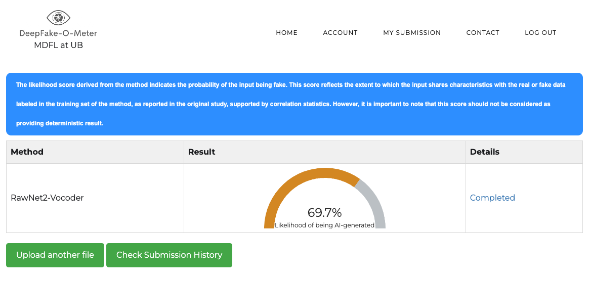DeepFake-O-Meter result for Biden robocall, 03-13-2024