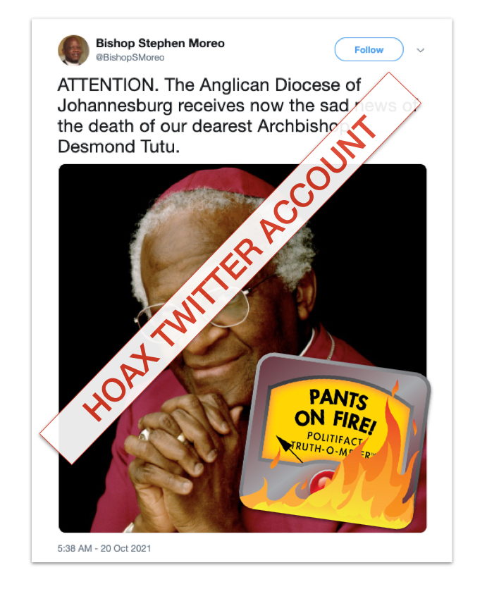 Desmond Tutu hoax tweet with POF logo and marking