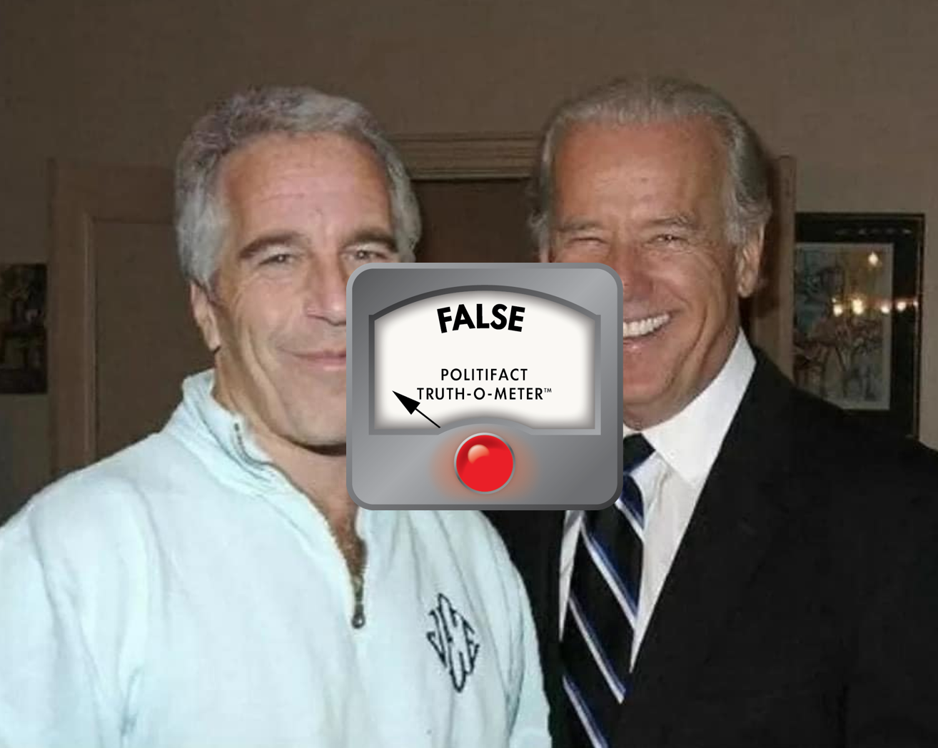 Doctored image of Biden and Epstein with False logo