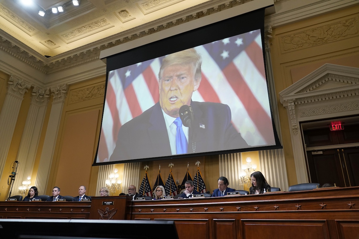 Donald Trump on screen at Jan. 6 committee hearing, 12-19-2022