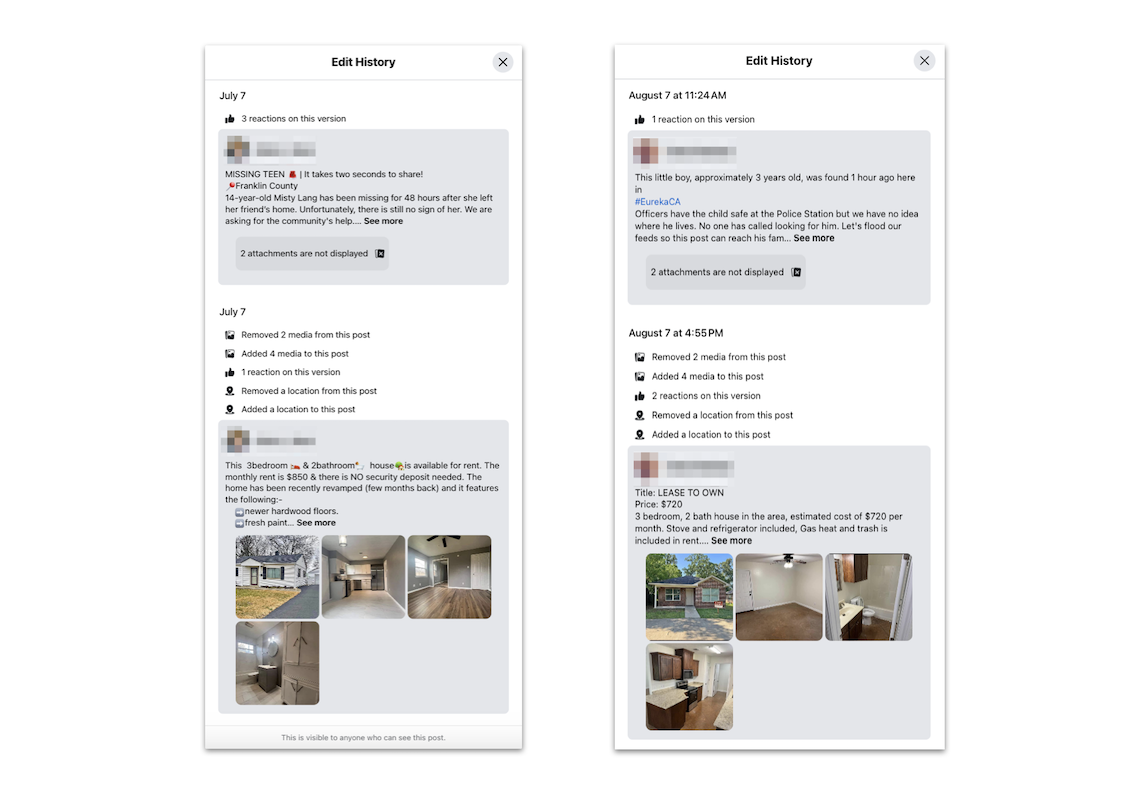 Edit history from Facebook users posting about Graci Mae Thompson, 8-16-2024