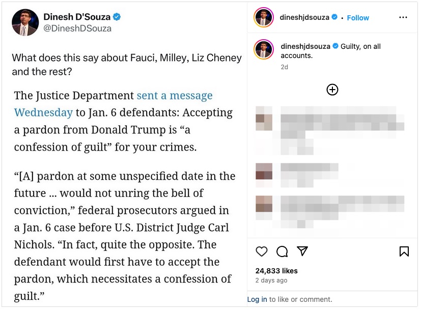 Edited D'Souza post about pardons and guilt 1-23-2025