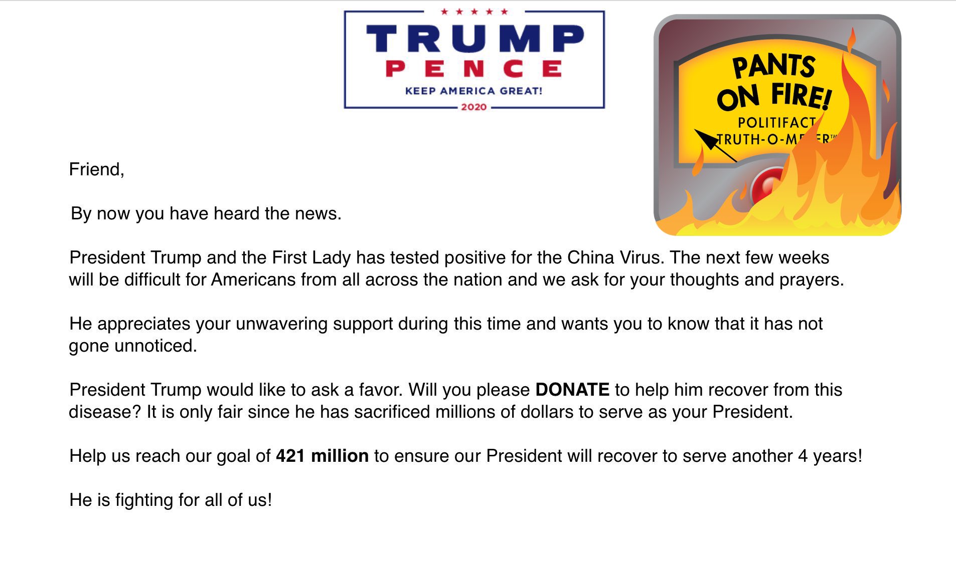 Fake Trump COVID fundraising plea