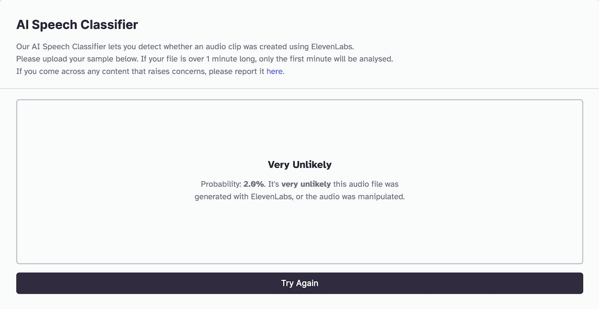 ElevenLabs AI Speech Classifier result for Biden robocall, 3-15-2024