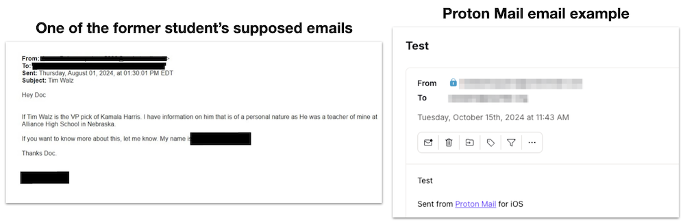 Tim Walz abuse allegation email comparison graphic
