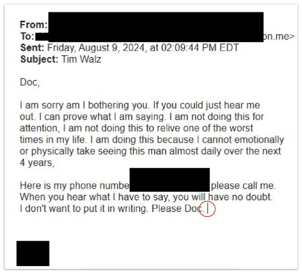 Tim Walz abuse allegation email showing cursor graphic