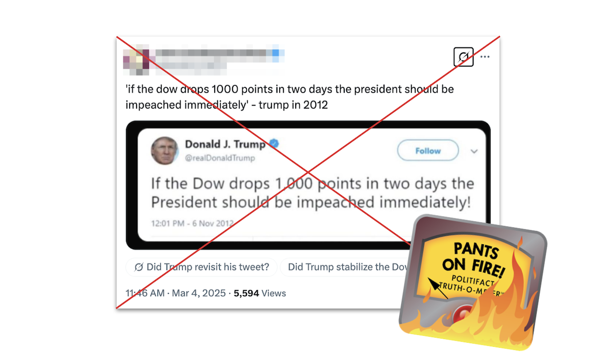 Fake Trump X post about the Dow, with POF graphic, 03-04-2025