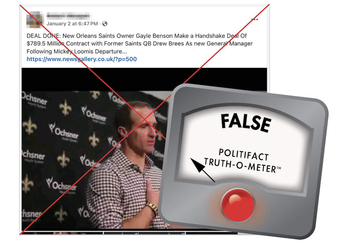 False graphic for Drew Brees as the Saints general manager claim 01-08-2025