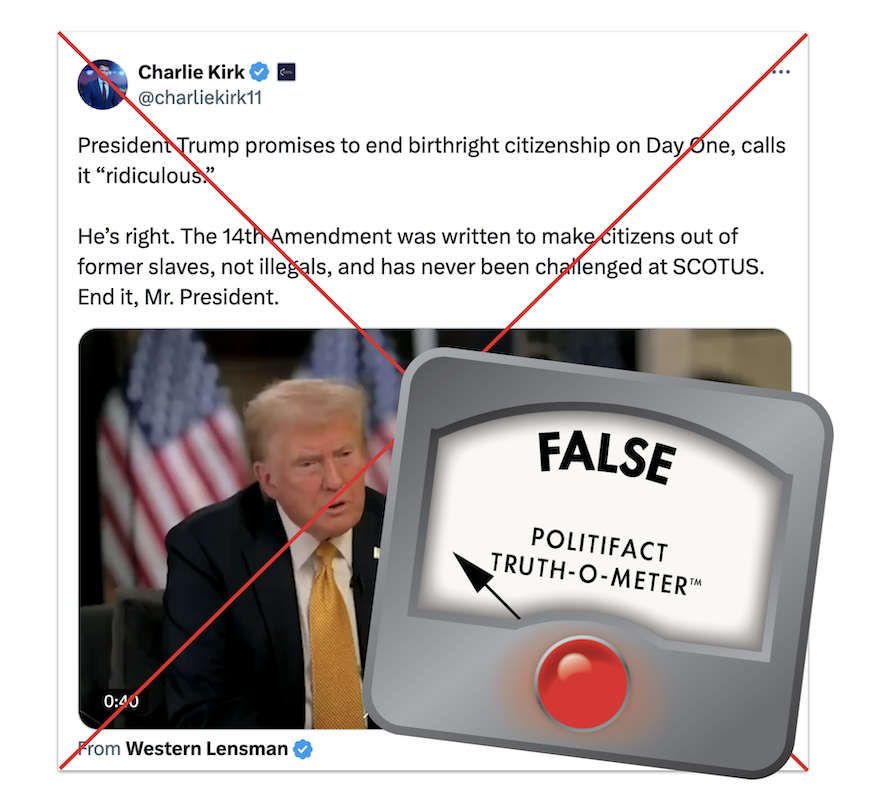 False graphic for Charlie Kirk's claim that the 14th Amendment was never challenged at SCOTUS 12-11-2024