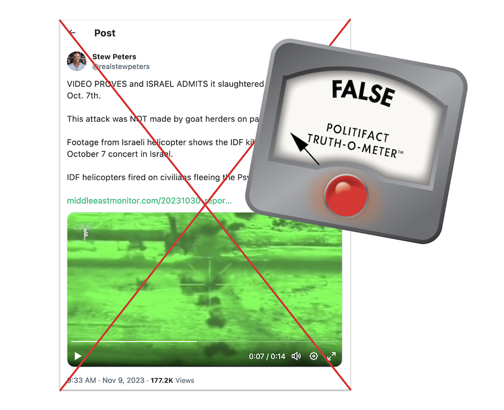False graphic for Stew Peters post about video showing IDF firing on concertgoers