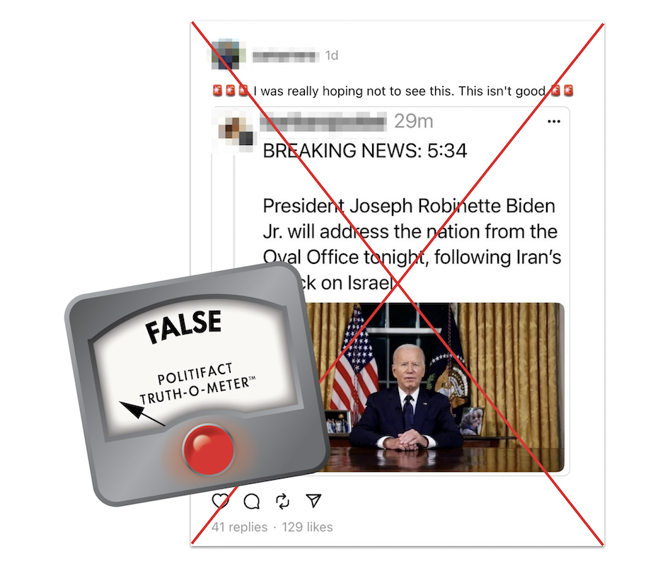 False graphic for Threads post claiming Biden gave Oval Office address after Iran attack