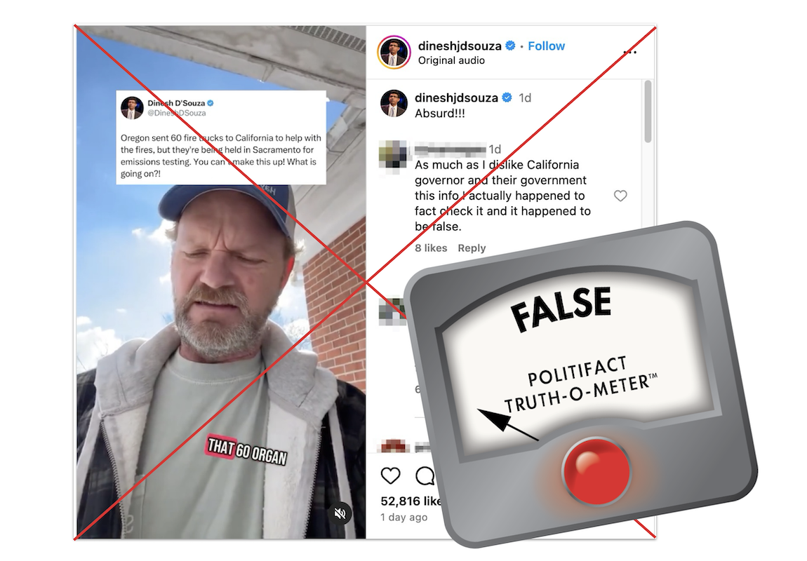 False graphic for claim that 60 Oregon fire trucks were stuck bc of emissions testing 01-14-2025