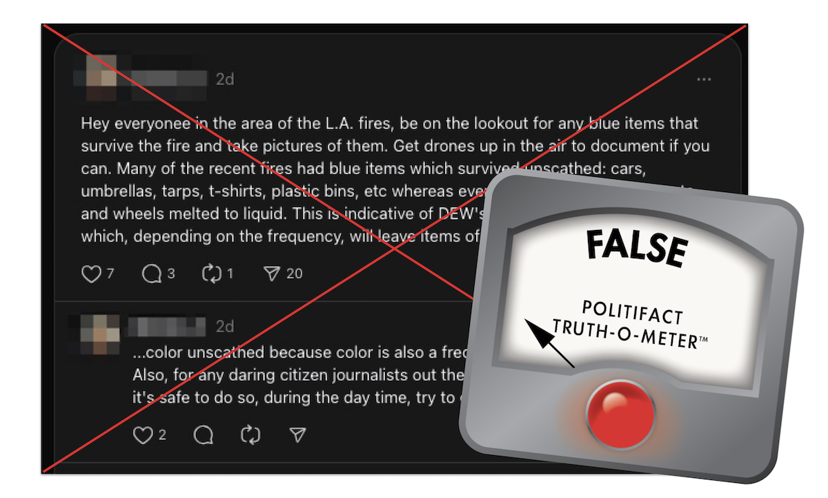 False graphic for claim that fires skip blue objects as proof of DEWs 1-10-2025