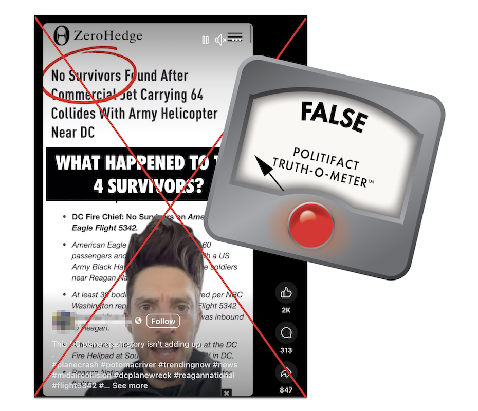 Edited post screenshot for claim that survivor reports prove crash was planned 02-07-2025