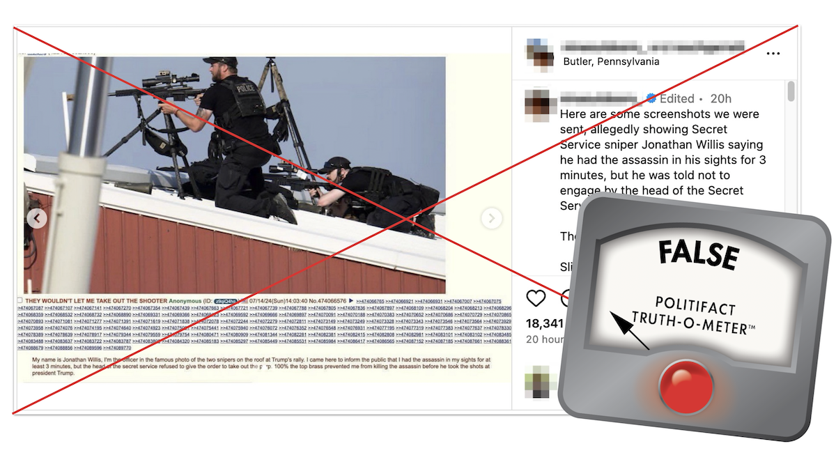 False graphic for claims that Secret Service member Jonathan Willis was told not to shoot Trump rally gunman 07-15-2024