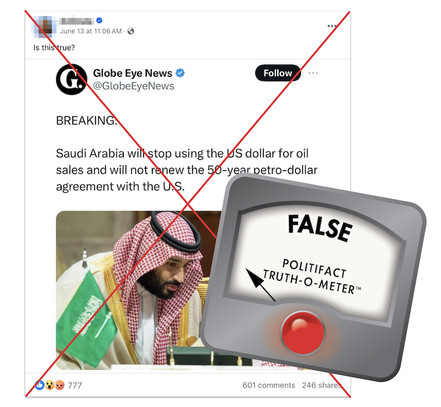 False graphic for claims that Saudi Arabia will stop using the US dollar 06-20-2024