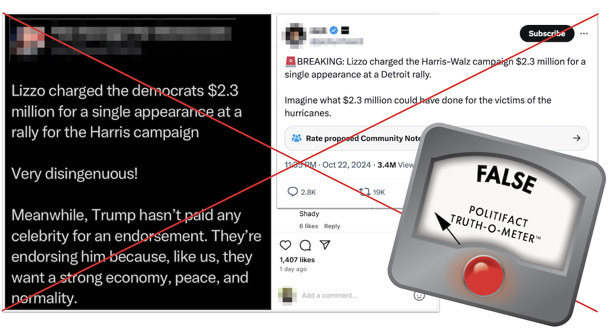 False graphic for claims that the Harris campaign paid Lizzo 10-25-2024