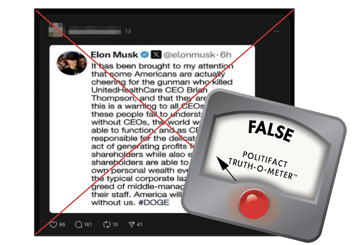 False graphic for fake Musk X post about Brian Thompson killing 12-06-2024