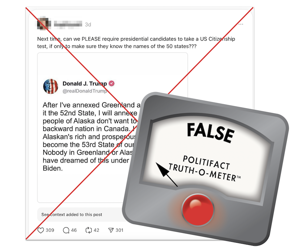 False graphic for fake Trump Truth Social post annexing Greenland, Alaska 03-18-2025