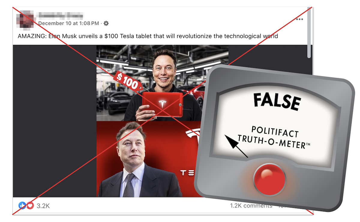 False graphic for post claiming $100 Tesla tablet exists 12-18-2024