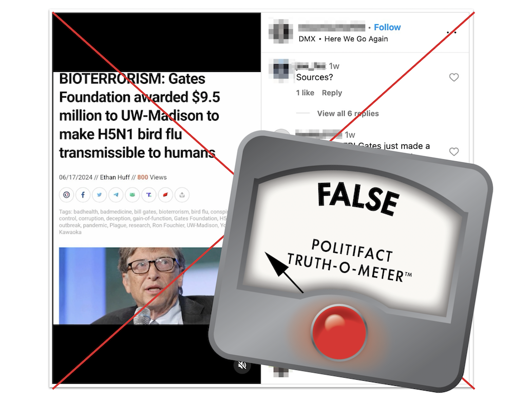 False graphic for post claiming that Gates Foundation research made H5N1 transmissible to humans