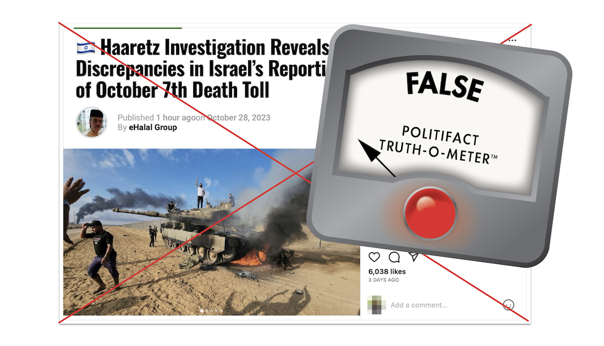 False graphic for post making claims about Haaretz reporting on Israel-Hamas war