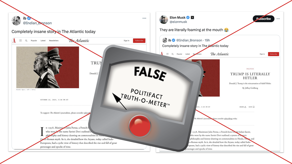 False graphic of posts claiming the Atlantic called Trump Hitler 10-23-2024