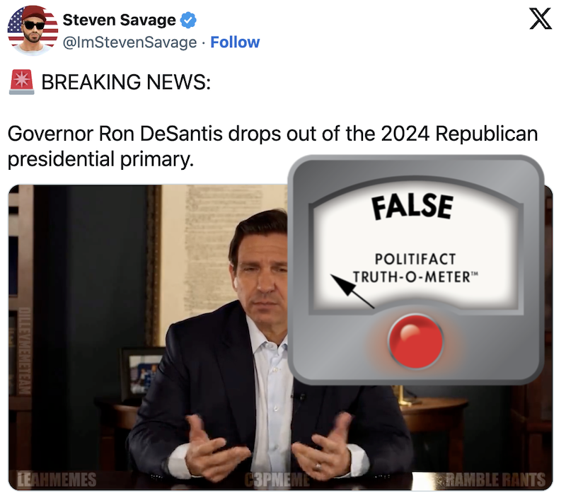 False meter over DeSantis dropout AI video