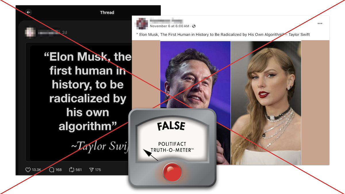 False post graphic for quote about Elon Musk misattributed to Taylor Swift 11-18-2024