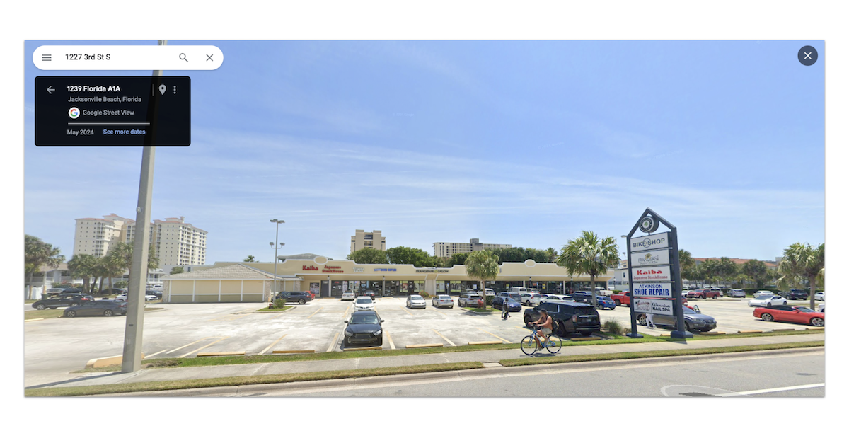Google maps image of strip mall in Jacksonville Beach, Fla. 07-08-2024