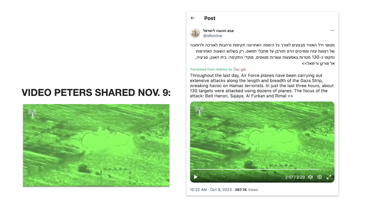 Graphic 1 showing Stew Peters video beside IDF's video