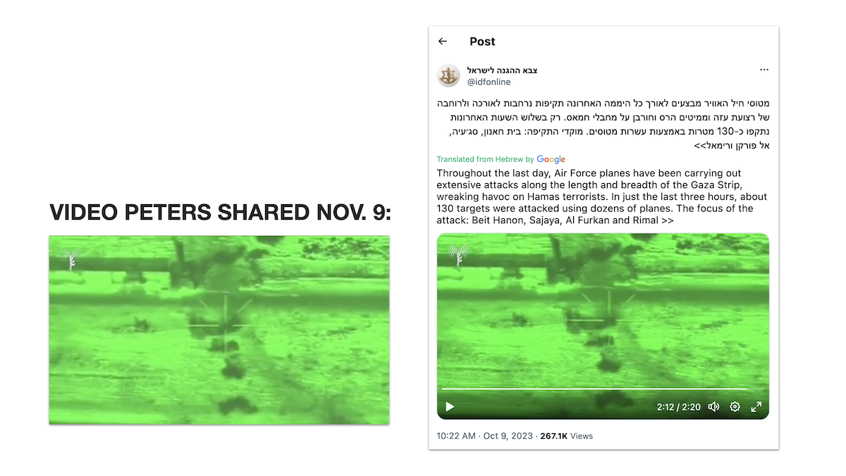 Graphic 2 showing Stew Peters video beside IDF's video