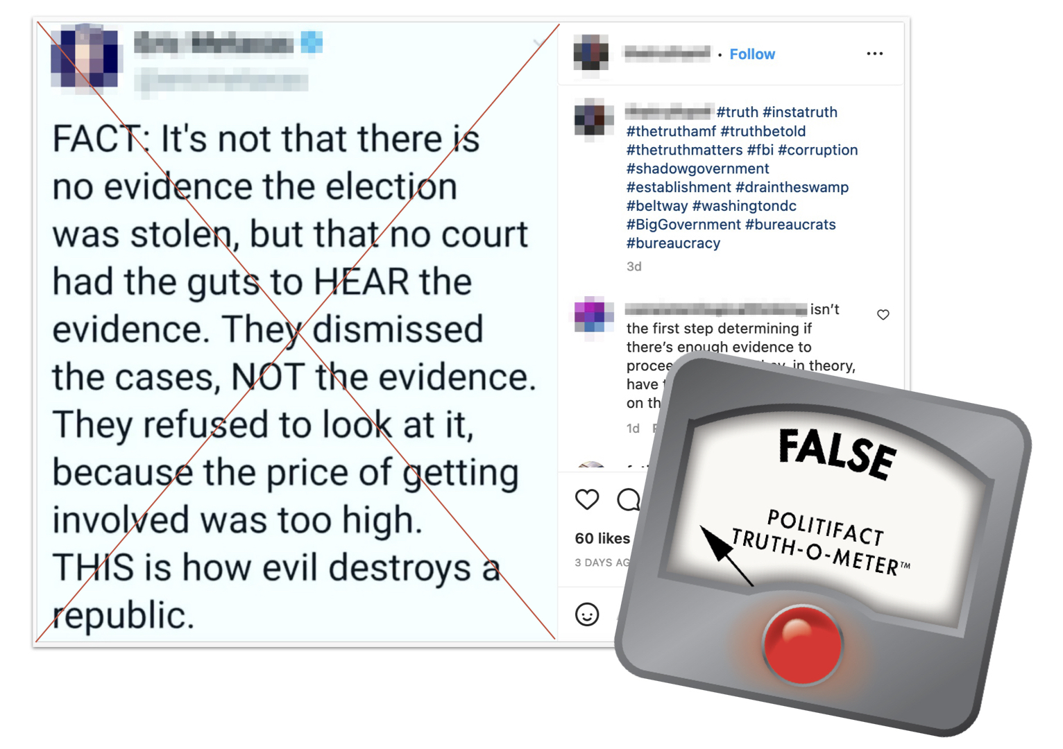 False graphic of Instagram post that claims the courts did not hear evidence of voter fraud