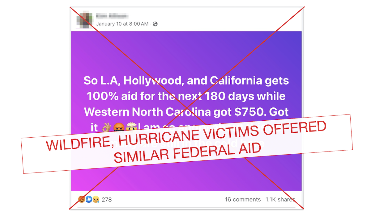 Graphic for false post that California got more aid than North Carolina 1-16-2025