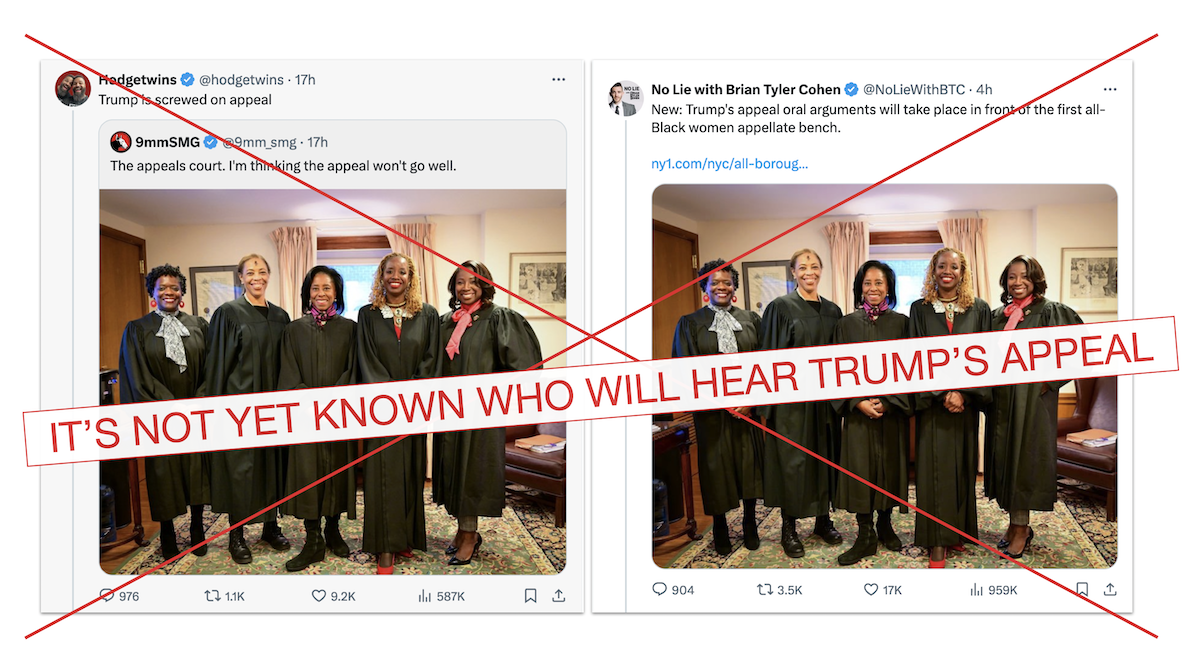Graphic for inaccurate posts claiming to know who will hear Trump's appeal 05-31-2024
